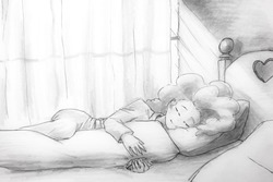 Size: 1280x854 | Tagged: safe, artist:aisureimi, pinkie pie, equestria girls, g4, bed, body pillow, curtains, female, hug, monochrome, pillow, sleeping, solo, traditional art