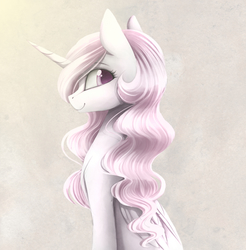 Size: 2480x2525 | Tagged: safe, artist:magnaluna, princess celestia, alicorn, pony, g4, beautiful, cute, cutelestia, female, high res, looking back, mare, missing accessory, pink mane, pink-mane celestia, simple background, smiling, solo