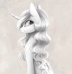 Size: 2480x2525 | Tagged: safe, artist:magnaluna, princess celestia, g4, beautiful, cute, cutelestia, female, high res, looking back, missing accessory, monochrome, simple background, smiling, solo