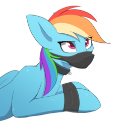 Size: 900x865 | Tagged: safe, artist:kuri_art, rainbow dash, pegasus, pony, g4, bondage, collar, female, gag, mare, muzzle gag, simple background, smiling, solo, white background