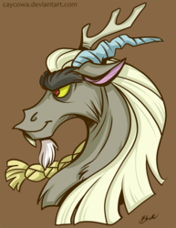 Size: 695x900 | Tagged: safe, artist:caycowa, discord, draconequus, dungeons and discords, g4, braid, bust, captain wuzz, head, legolas, male, portrait, solo
