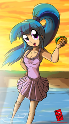 Size: 1383x2476 | Tagged: safe, artist:ryured, sonata dusk, equestria girls, g4, my little pony equestria girls: rainbow rocks, beach, breasts, cleavage, clothes, cute, female, food, human coloration, looking at you, open mouth, request, requested art, smiling, solo, sonatabetes, sonataco, sunset, swimsuit, taco, that girl sure loves tacos, that siren sure does love tacos