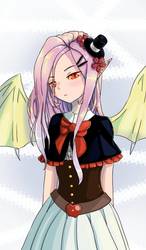 Size: 600x1024 | Tagged: safe, artist:161141, fluttershy, bat pony, human, g4, clothes, eared humanization, female, flower, flower in hair, flutterbat, humanized, race swap, skirt, solo, spread wings, winged humanization, wings