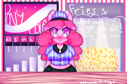 Size: 3000x2000 | Tagged: safe, artist:bunxl, pinkie pie, earth pony, anthro, g4, belly button, big breasts, breasts, chubby, clothes, cute, fast food, female, food, freckles, french fries, hat, heart, heart eyes, heat lamp, high res, mare, plump, soda, soda machine, solo, sparkly eyes, talking, text, uniform, wingding eyes