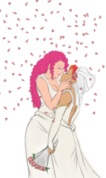 Size: 858x1440 | Tagged: safe, artist:eve-ashgrove, pinkie pie, rainbow dash, human, g4, bouquet, clothes, dress, female, flower petals, humanized, lesbian, marriage, ship:pinkiedash, shipping, simple background, wedding, wedding dress, white background