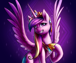 Size: 1800x1500 | Tagged: safe, artist:cosmalumi, princess cadance, g4, crown, cute, cutedance, grin, jewelry, large wings, necklace, peytral, raised hoof, regalia, simple background, sitting, smiling, solo, spread wings