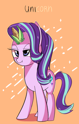 Size: 536x844 | Tagged: safe, anonymous artist, starlight glimmer, pony, unicorn, g4, :t, bad pun, corn, female, food, lidded eyes, mare, pun, simple background, smiling, smirk, solo, visual pun