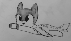 Size: 1280x737 | Tagged: safe, artist:tjpones, oc, oc only, original species, plane pony, pony, flying, grayscale, monochrome, plane, solo, traditional art