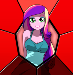 Size: 654x674 | Tagged: artist needed, safe, dean cadance, queen chrysalis, changeling, equestria girls, g4, my little pony equestria girls: friendship games, disguise, disguised changeling, fake cadance, female, green eyes, smiling, solo
