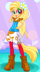 Size: 277x493 | Tagged: safe, artist:glittertiara, applejack, equestria girls, g4, alternate hairstyle, alternative cutie mark placement, clothes, female, freckles, high heels, lipstick, looking at you, solo