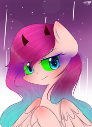 Size: 1256x1732 | Tagged: safe, artist:windymils, oc, oc only, oc:mandy, pegasus, pony, crossed hooves, horns, signature, solo, stars, unamused