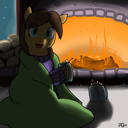 Size: 3000x3000 | Tagged: safe, artist:pony quarantine, oc, oc only, oc:morning glory, blanket, chocolate, clothes, fireplace, food, high res, hot chocolate, looking at you, mug, rug, sitting, solo, sweater, wafer