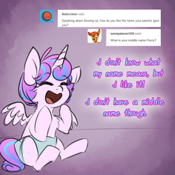Size: 750x750 | Tagged: safe, artist:cosmalumi, princess flurry heart, g4, ask, chest fluff, cute, diaper, eyes closed, flurrybetes, flurryheart-babbles, solo, tumblr