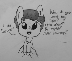 Size: 1235x1047 | Tagged: safe, artist:tjpones, earth pony, pony, cute, deep space nine, grayscale, hand, holding a pony, kira nerys, looking at you, monochrome, non-mlp character, nose wrinkle, offscreen character, open mouth, ponified, smiling, solo focus, star trek, traditional art, what do you want