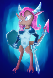 Size: 1378x2039 | Tagged: safe, artist:chiptunebrony, idw, mina, dragon, g4, accessory, alternate hairstyle, armor, blue, blurry, claws, clothes, fantasy class, gloves, glowing, knight, mane swap, paladin, shield, shiny, style emulation, sword, warrior, weapon