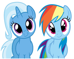 Size: 679x543 | Tagged: safe, artist:byteslice edits, artist:dashiesparkle edit, edit, rainbow dash, trixie, pony, unicorn, g4, cute, dashabetes, diatrixes, duo, female, looking at you, mare, simple background, smiling, vector, white background