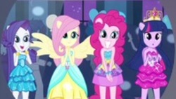 Size: 353x199 | Tagged: safe, screencap, curly winds, fluttershy, pinkie pie, rarity, some blue guy, twilight sparkle, equestria girls, g4, my little pony equestria girls, big crown thingy, fall formal, fall formal outfits, jewelry, needs more jpeg, ponied up, regalia, this is our big night, wings