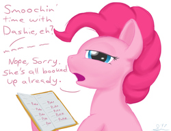 Size: 1306x1000 | Tagged: safe, artist:stillwaterspony, pinkie pie, earth pony, pony, g4, book, female, implied lesbian, implied pinkiedash, implied rainbow dash, implied shipping, looking at you, notebook, simple background, solo, squint, talking to viewer, white background