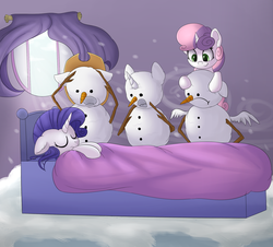 Size: 2000x1804 | Tagged: safe, artist:vanillaghosties, rarity, sweetie belle, pony, unicorn, g4, bed, bedroom, blanket, calvin and hobbes, cowboy hat, curtains, duo, duo female, eyes closed, female, filly, hat, indoors, mare, prank, reference, siblings, sisters, sleeping, snow, snowman, snowpony, stetson, this will end in grounding, this will end in tears, this will not end well, window, winter