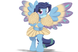 Size: 1500x1000 | Tagged: safe, artist:stillwaterspony, oc, oc only, oc:still waters, pegasus, pony, cheerleader outfit, clothes, crossdressing, cute, dyed wings, grin, male, midriff, pleated skirt, pom pom, simple background, skirt, skirt lift, smiling, solo, stallion, standing, white background