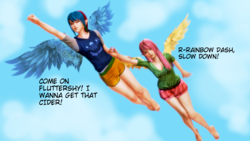 Size: 1920x1080 | Tagged: safe, artist:theextraguy, fluttershy, rainbow dash, human, g4, 3d, barefoot, clothes, dialogue, feet, flying, honey select, humanized, shorts, sky, spread wings, sweater, winged humanization, wings