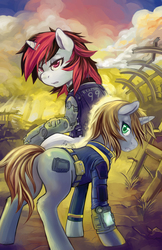 Size: 3300x5100 | Tagged: safe, artist:halley-valentine, artist:mlpfwb, oc, oc only, oc:blackjack, oc:littlepip, cyborg, pony, unicorn, fallout equestria, fallout equestria: project horizons, absurd resolution, amputee, butt, clothes, collaboration, cybernetic legs, duo, fanfic, fanfic art, female, horn, jumpsuit, mare, pipboy, pipbuck, plot, scenery, two toned mane, vault suit, wasteland