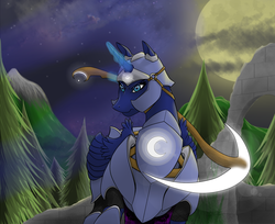 Size: 1083x884 | Tagged: safe, artist:shybaldur, princess luna, alicorn, pony, g4, armor, forest, moon, night, ruins, scythe