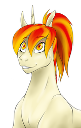 Size: 1303x2031 | Tagged: safe, artist:shybaldur, oc, oc only, oc:inner fire, pony, unicorn, female, grin, nervous, nervous smile, ponytail, red eyes, redhead, simple background, smiling, solo, sweat, sweatdrop, white background