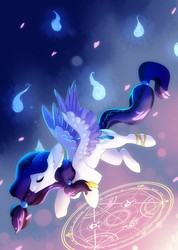 Size: 912x1280 | Tagged: safe, artist:elvche, oc, oc only, pegasus, pony, commission, cutie mark, eyes closed, female, flying, long hair, long tail, magic, portal, solo, wings