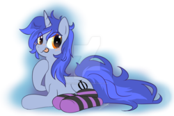 Size: 1024x683 | Tagged: safe, artist:silverknight27, oc, oc only, oc:aeon of dreams, pony, unicorn, blushing, clothes, male, socks, solo, stallion, striped socks, tongue out, watermark