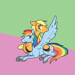 Size: 500x500 | Tagged: safe, artist:autumnbramble, applejack, rainbow dash, pegasus, pony, g4, female, lesbian, preening, ship:appledash, shipping, simple background, unshorn fetlocks