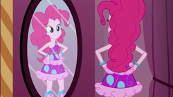 Size: 1920x1080 | Tagged: safe, screencap, pinkie pie, equestria girls, g4, boots, bracelet, clothes, dress, fall formal outfits, female, high heel boots, jewelry, mirror, solo, this is our big night