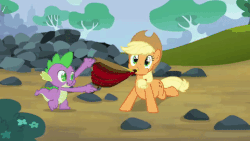 Size: 480x270 | Tagged: safe, screencap, applejack, spike, dragon, earth pony, pony, spike at your service, air inflation, animated, appleblimp, bellows, female, gif, inflation, male, mare, spherical inflation