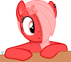 Size: 2617x2283 | Tagged: safe, artist:arifproject, oc, oc only, oc:downvote, pony, derpibooru, g4, derpibooru ponified, ear piercing, hair over one eye, high res, meta, piercing, ponified, simple background, solo, table, transparent background, vector