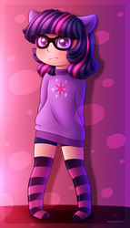 Size: 1200x2100 | Tagged: safe, artist:spirit-dude, twilight sparkle, human, g4, arm behind back, blushing, clothes, cute, eared humanization, female, glasses, humanized, looking at you, simple background, socks, solo, standing, striped socks, sweater, twiabetes