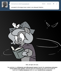 Size: 666x795 | Tagged: safe, artist:egophiliac, princess luna, oc, oc:pebbl, moonstuck, g4, book, cartographer's cap, cave, filly, grayscale, hat, marauder's mantle, monochrome, moon roc, shadow, thesaurus, woona, younger
