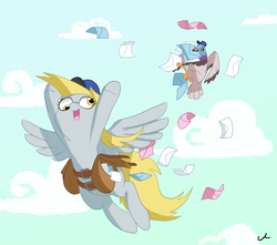 Size: 5100x4500 | Tagged: safe, artist:docwario, derpy hooves, oc, oc:ernie the carrier pigeon, pegasus, pigeon, pony, g4, absurd resolution, female, flying, hat, letter, mailbag, mailmare, mare, mouth hold, pet, pet oc, solo