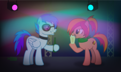 Size: 1970x1171 | Tagged: safe, artist:firefall-mlp, oc, oc only, oc:apple brisk, oc:laser blaze, earth pony, pegasus, pony, cup, female, hoof hold, male, mare, oat smoothie, rave, smoothie, stallion, straw, sunglasses