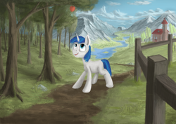 Size: 3508x2480 | Tagged: safe, artist:lolopolko, shining armor, g4, apple, cloud, fence, food, high res, male, mountain, river, scenery, solo, tree, valley, younger