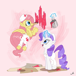 Size: 4500x4500 | Tagged: safe, artist:docwario, fluttershy, rarity, pony, g4, absurd resolution, duo, flying, imminent marshmelodrama, magic, mouth hold, not blood, overalls, paint, paintbrush, telekinesis, this will end in tears