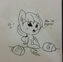 Size: 1058x1043 | Tagged: safe, artist:tjpones, applejack, earth pony, pony, g4, apple cider, black and white, chest fluff, drunk, drunk aj, drunk bubbles, ear fluff, female, glass, grayscale, hard cider, lineart, missing accessory, missing hat, monochrome, shot glass, solo, traditional art