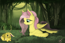 Size: 2383x1599 | Tagged: safe, artist:vinicius040598, fluttershy, firefly (insect), jackalope, g4, female, forest, prone, solo