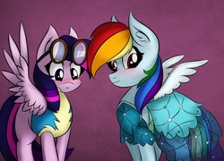 Size: 1978x1421 | Tagged: safe, artist:mylittlelevi64, rainbow dash, twilight sparkle, alicorn, pony, g4, blushing, clothes, clothes swap, dress, female, goggles, lesbian, princess dress, rainbow dash always dresses in style, ship:twidash, shipping, spread wings, twilight sparkle (alicorn), wonderbolt trainee uniform