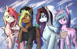 Size: 1600x1028 | Tagged: safe, artist:myralilth, oc, oc only, oc:melody, oc:ribbon, oc:rose, oc:vitaliya, earth pony, pegasus, pony, unicorn, clipboard, clothes, female, magic, mare, pencil, tongue out