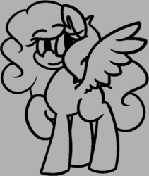 Size: 614x729 | Tagged: safe, artist:moonydusk, oc, oc only, oc:astral knight, gray background, grayscale, monochrome, raised hoof, simple background, smiling, solo, spread legs, spreading