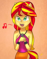 Size: 1024x1280 | Tagged: safe, artist:wolfy-pony, sunset shimmer, equestria girls, g4, my little pony equestria girls: rainbow rocks, clothes, female, microphone, music notes, open mouth, ponied up, singing, skirt, sleeveless, solo, welcome to the show