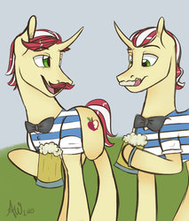 Size: 1024x1202 | Tagged: safe, artist:fairdahlia, flam, flim, pony, unicorn, g4, bowtie, cider, clothes, cutie mark, drinking, duo, duo male, flim flam brothers, hatless, hoof hold, hooves, horn, licking, licking lips, male, missing accessory, mug, open mouth, stallion, tankard, tongue out