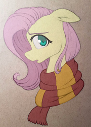 Size: 2602x3622 | Tagged: safe, artist:waterferret, part of a set, fluttershy, g4, bust, clothes, crossover, female, floppy ears, gryffindor, harry potter (series), high res, looking at you, open mouth, portrait, profile, scarf, solo, traditional art