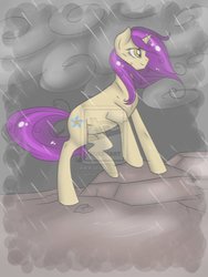 Size: 774x1032 | Tagged: source needed, safe, artist:rannarbananar, oc, oc only, oc:shattered light, pony, unicorn, female, mare, rain, solo, storm, watermark