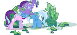 Size: 8000x3690 | Tagged: safe, artist:limedazzle, starlight glimmer, trixie, pony, unicorn, g4, to where and back again, absurd resolution, clothes, eyes closed, female, hug, inkscape, mare, show accurate, simple background, transparent background, trixie's hat, vector